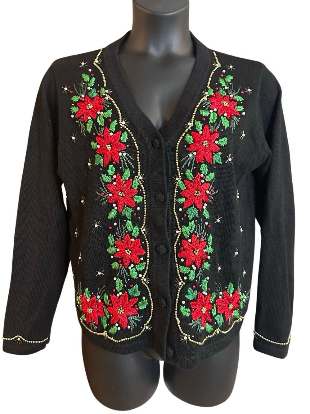 B.P. Design Women's Black Embroidered Poinsettia Christmas Ugly Cardigan Sweater